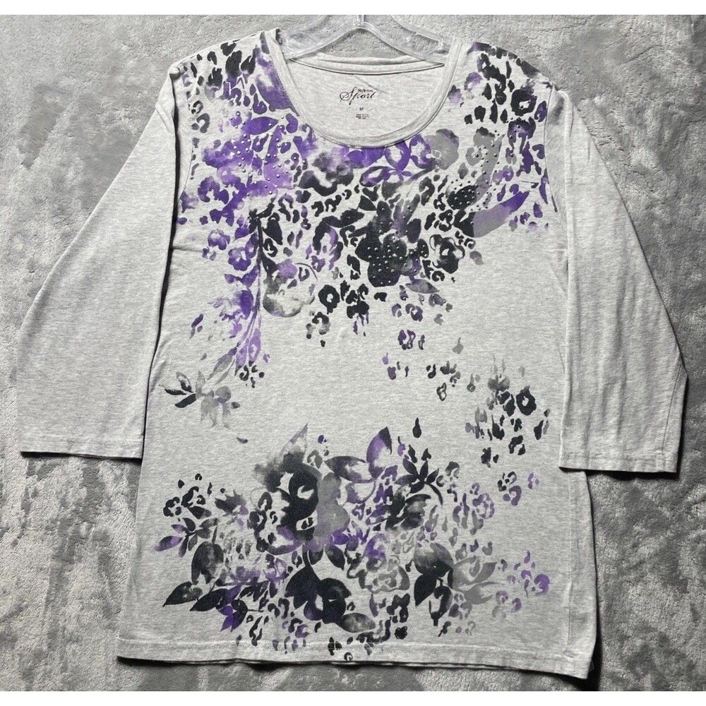 Style & Co Sport Floral Purple Black Print Gray 100% Cotton Long Sleeve Shirt M